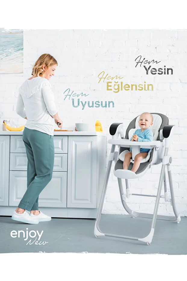 Enjoy Elektrikli 2'si 1 arada Mama Sandalyesi & Bebek Salıncağı | Katlanabilir, Kumandalı Gri